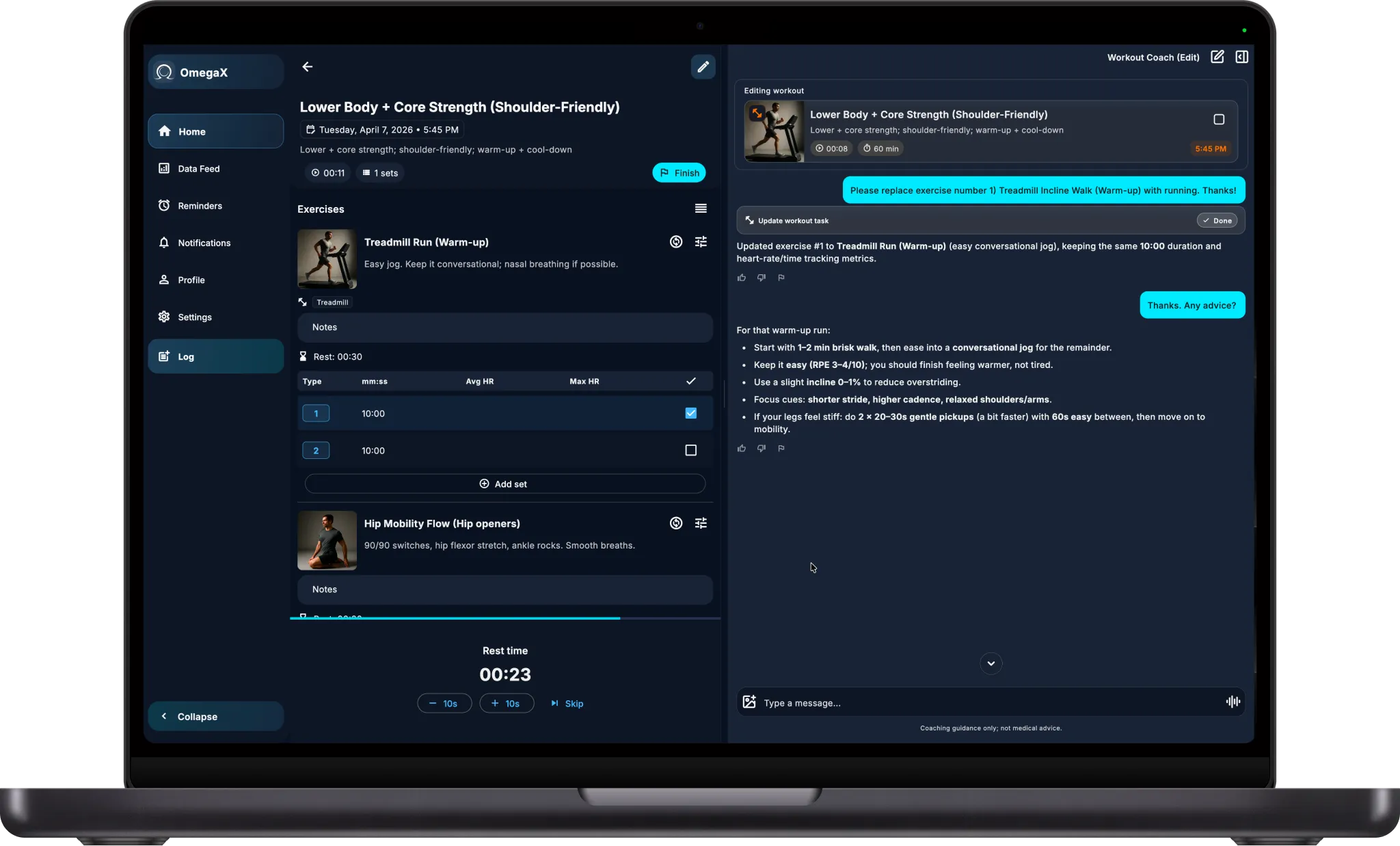 OmegaX desktop interface shown inside a MacBook Pro 16 mockup.